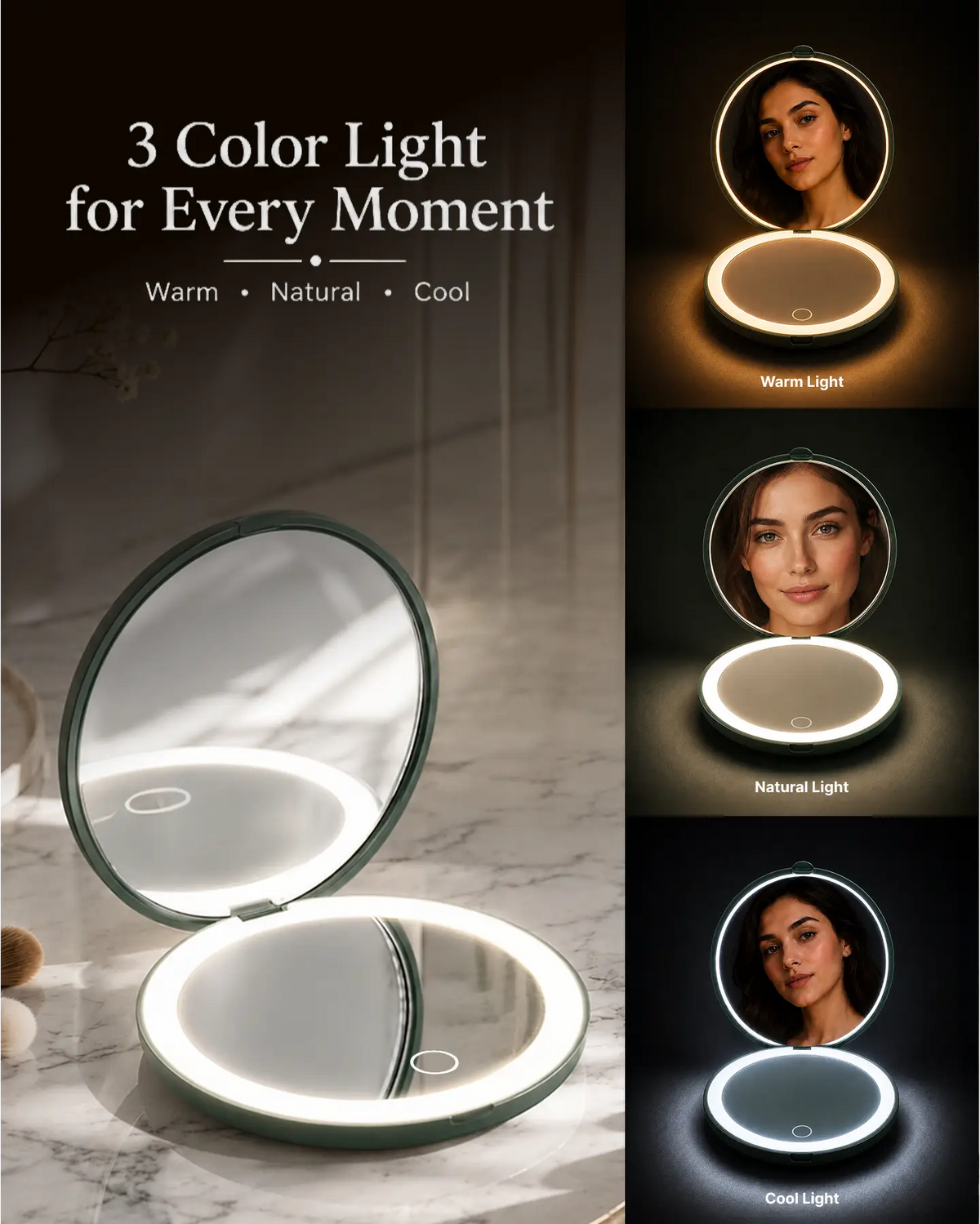 Glamye HaloMini LED Compact Mirror - Matte Green